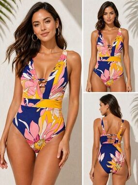 Trina Turk Floral Plunge One Piece Swimsuit Size 6 NWT Cutout Removable Cups